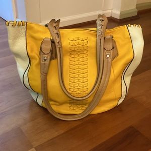 orYANY “Lyssie” large pebbled leather color block whipstitch shoulder bag